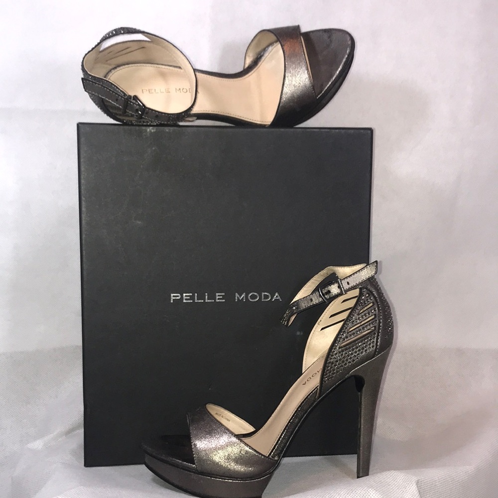 Pelle Moda Fenton Ankle Strap Pewter Stilettos